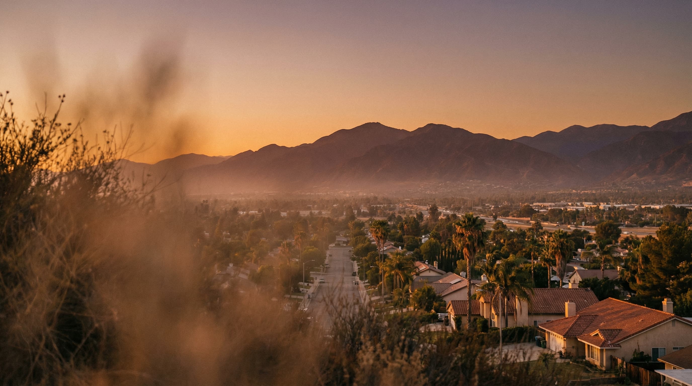 Inland Empire valley sunset with San Gabriel mountains